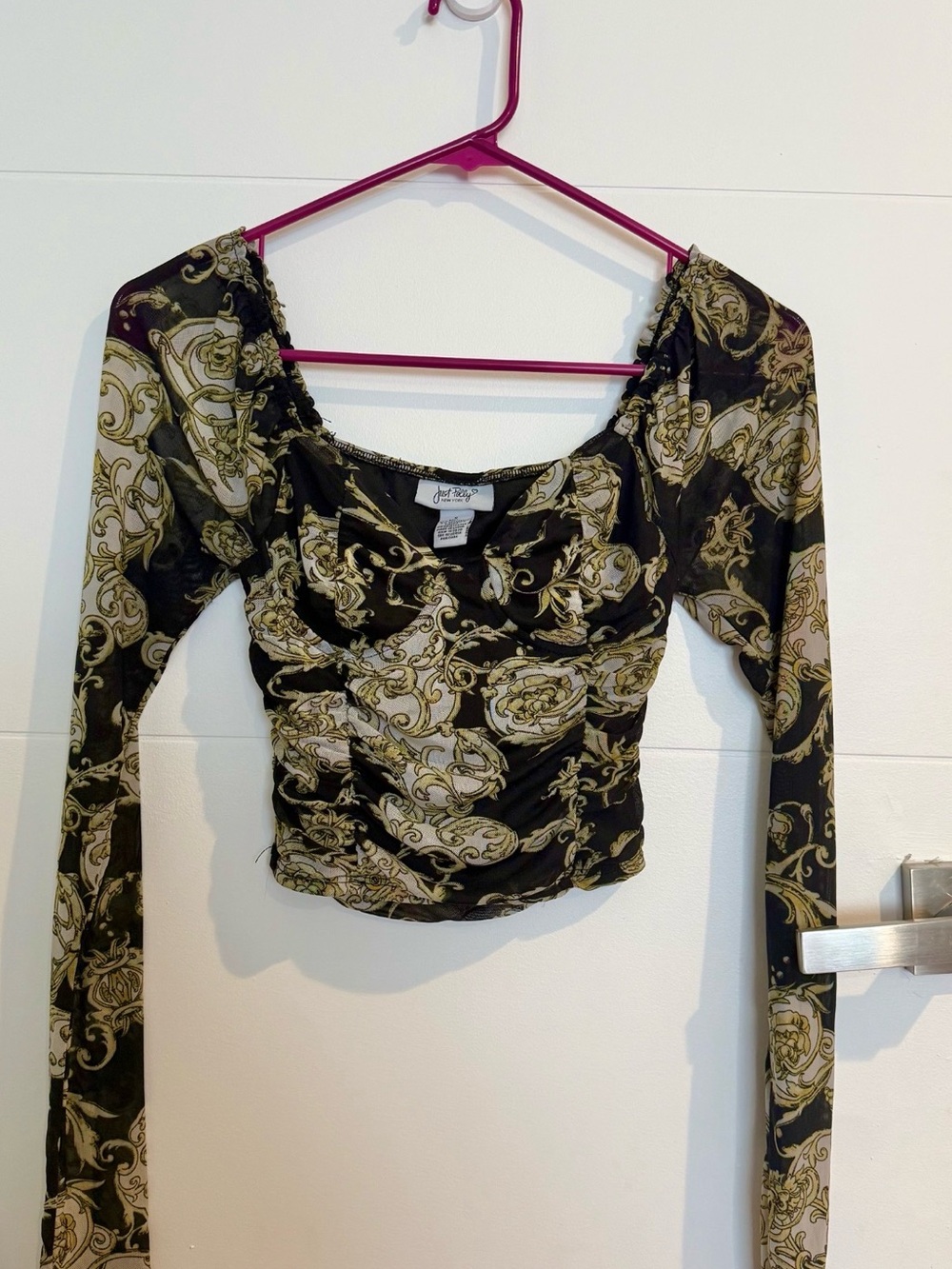 Just Polly Black and Gold Baroque Ruched Long Sleeve Scoop Top